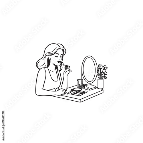Black and white line art of a beautiful woman doing makeup at dressing table with mirror illustration