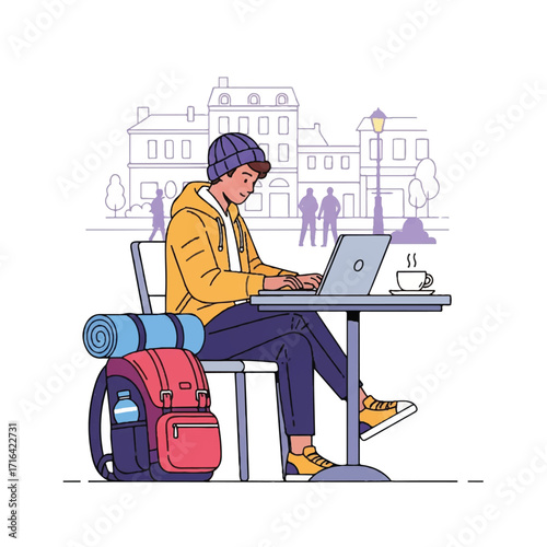 A young man sits at a small table working on a laptop with a backpack and yoga mat beside him in a casual outdoor setting with a cityscape background.