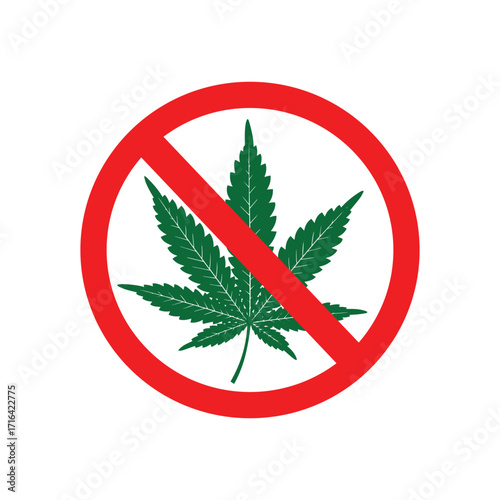 cannabis or Marijuana leaf by a red prohibition