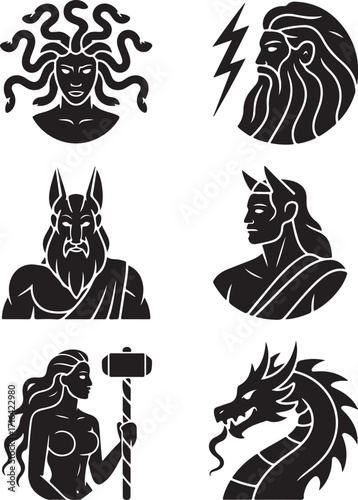 Mythical figures and creatures ancient legends icons