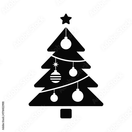 Simple festive christmas tree silhouette decorated with ornaments and star topper