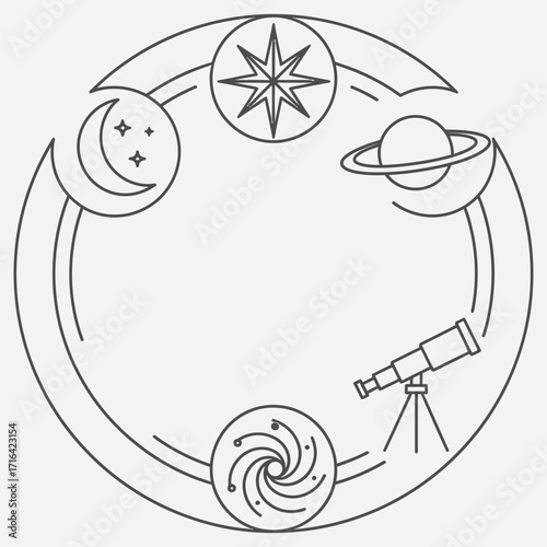 Minimalist circular line art frame with astronomy and celestial symbols illustration