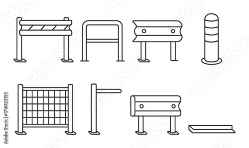 Variety of road safety barriers and bollards on gray background