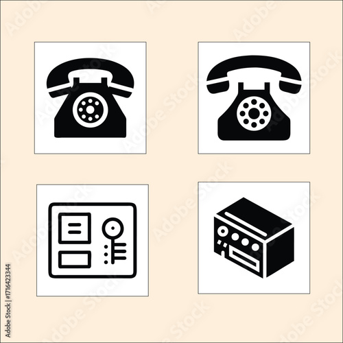 Vintage technology and communication concept with a collection of black silhouette icons of phones and equipment