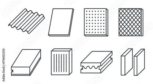 Illustration of eight varied construction materials in gradient grayscale
