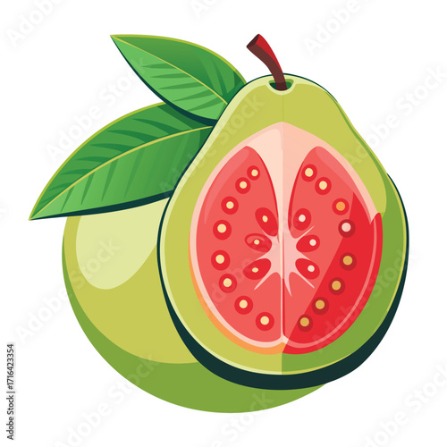 Vibrant guava fruit cut in half showing detailed seeds and flesh fresh tropical food illustration