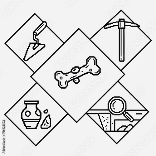 Archaeology concept depicting excavation tools, ancient pottery, and a fossilized bone found during a dig