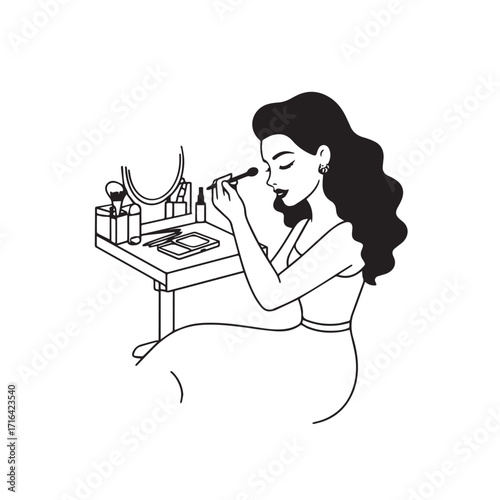 Black and white line art of a beautiful woman doing makeup at dressing table with mirror illustration
