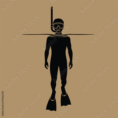 Silhouette of a snorkeler floating on water wearing mask snorkel and fins in a minimalistic style