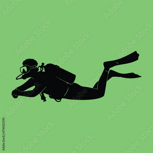 Silhouette of a scuba diver wearing fins and a breathing apparatus swimming underwater against a green background