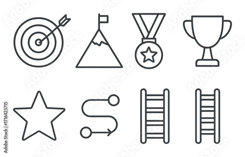 Achievement icons: target, mountain, medal, trophy, star, path, ladder