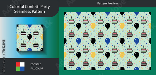 Art of colorful confetti party seamless pattern featuring cakes and balloons, perfect for festive backgrounds, invitations, and celebratory designs, adding a touch of joy and whimsy to any project