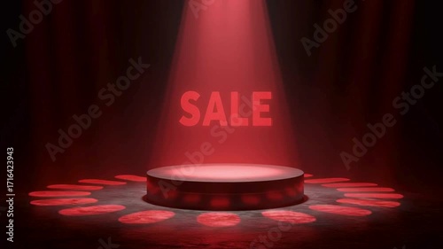 Red SALE text on spotlighted circular platform for dramatic promotional video