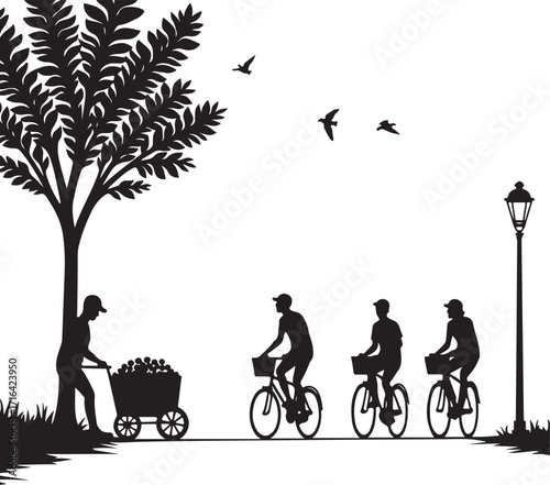 Silhouette of people cycling and pushing a cart under a tree