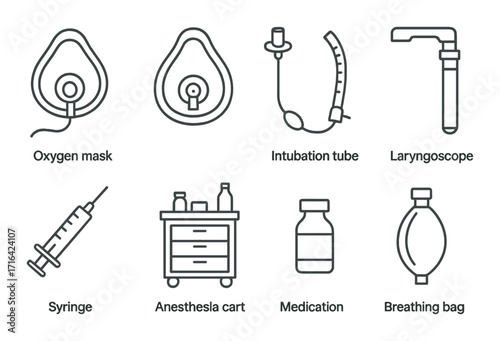Medical equipment icons: oxygen mask, intubation tube, laryngoscope, syringe, anesthesia cart, medication, breathing bag
