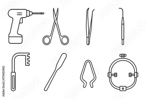 Outline of dental and medical tools on grayscale background