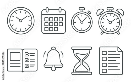 Time management icons: clocks, calendar, stopwatch, alarm, checklist, hourglass