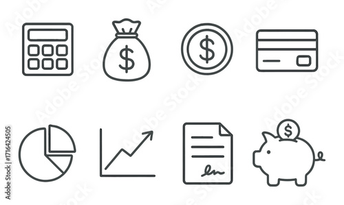 Finance icons: calculator, money bag, dollar coin, credit card, chart, graph, document, piggy bank