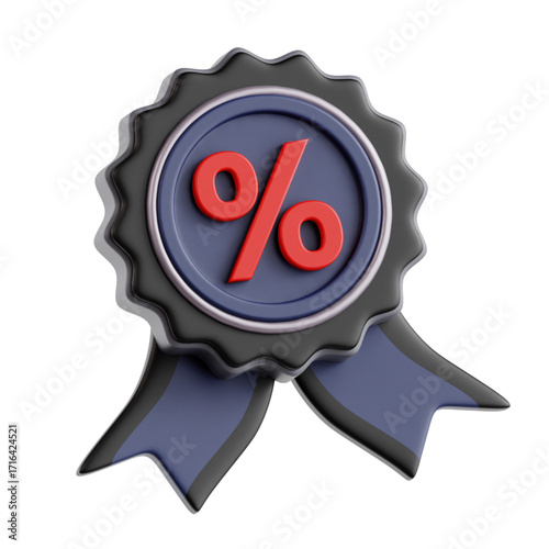 Dynamic 3D illustration of a sophisticated percentage award ribbon, symbolizing a premium discount or special promotional offer for sales events and exclusive customer benefits and rewards