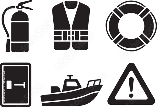 Marine safety icons: boat, life vest, fire extinguisher