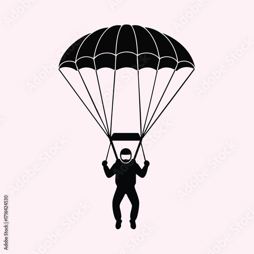 Silhouette of a person descending with an open parachute against a plain background in black and white style