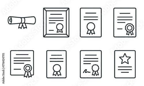 Collection of certificates and diplomas icons on gradient background