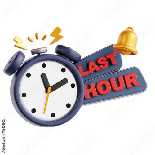 A 3D rendering of an urgent ringing alarm clock with a 'Last Hour' banner and bell, symbolizing a final chance deadline and limited time offer for a sale or promotion