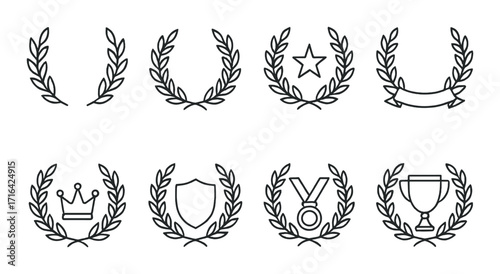Elegant laurel wreath icons with awards and symbols on black background