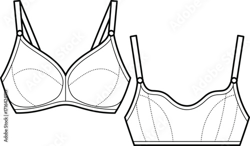 Simple line art illustration of a full-coverage bra, perfect for lingerie and clothing design, featuring a comfortable fit and adjustable straps on a transparent background.