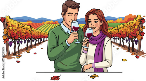 Autumn vineyard, wine tasting, romantic couple, scenic landscape, grape harvest, fall foliage, countryside retreat, red wine, nature, seasonal celebration