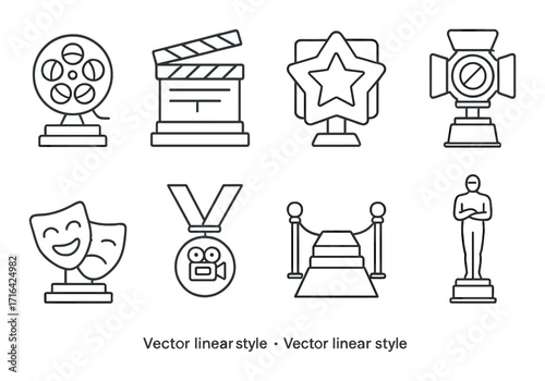 Outline icons of film and entertainment awards and equipment on a metallic background