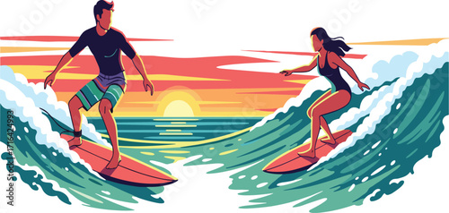 Sunset surfing, ocean waves, tropical beach, active lifestyle, surfboard action, golden hour, adventure sport, summer vibes, water splash, horizon glow