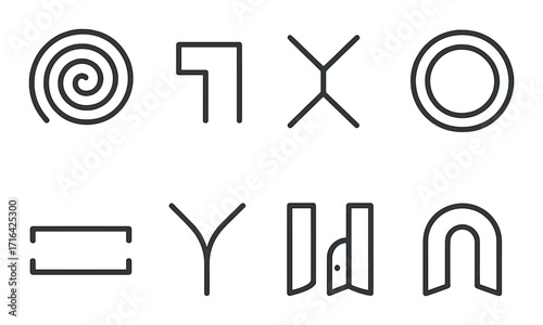 Minimalist geometric symbols on black background