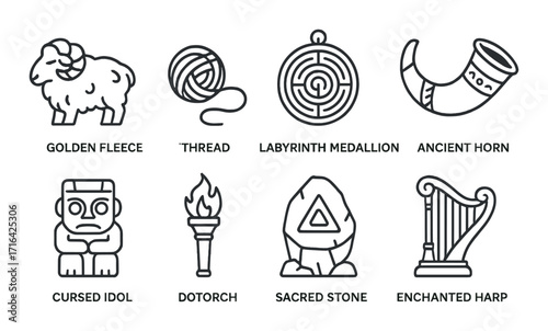 Mythical artifacts collection: golden fleece, labyrinth medallion, ancient horn, enchanted harp