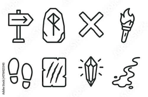 Monochrome adventure icons: arrows, runes, fire, footprints, crystal, trail