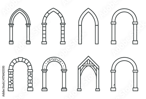 Variety of medieval arches displayed in simple line art design