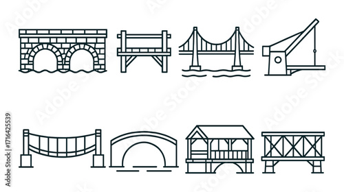 Various bridge icons set on gradient background