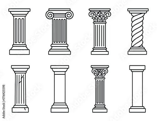 Set of eight architectural column designs: doric, ionic, corinthian, spiral, and more
