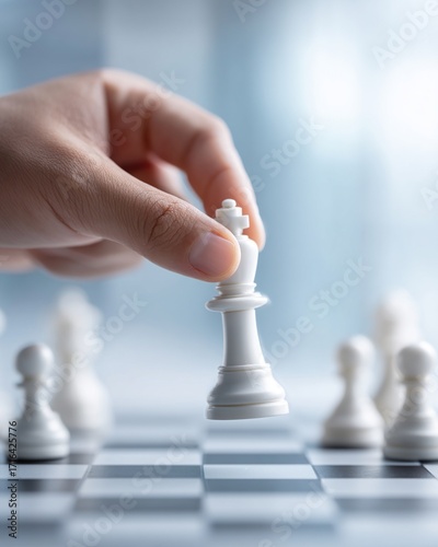 A hand moves a white king chess piece during a match, surrounded by other pieces on a checkered board, emphasizing strategy and focus in the game of chess.
