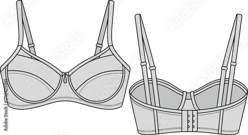 Technical sketch of a comfortable and elegant lingerie bra with an underwire design, adjustable straps, and a secure back closure, ideal for fashion templates.