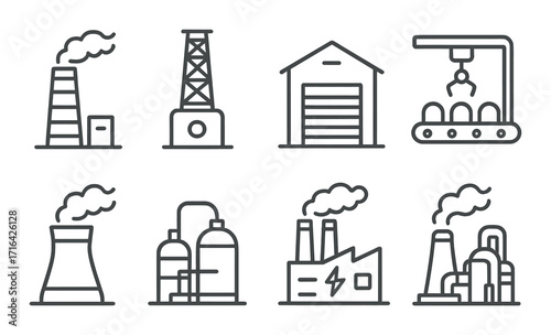 Industrial icons set: factories, oil rigs, warehouses, production lines on metallic background