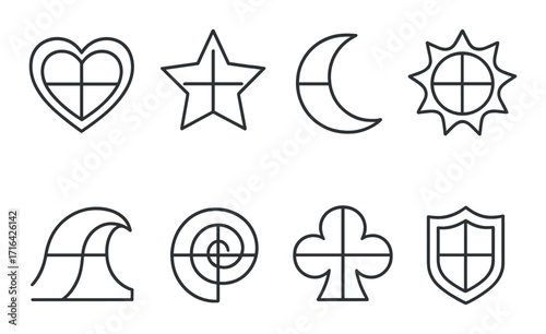Black background with geometric shapes: heart, star, moon, sun, wave, target, club, shield