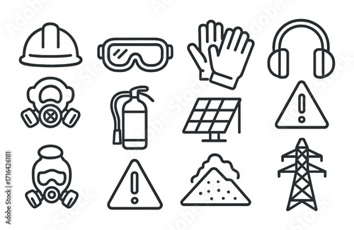 Safety equipment icons: helmet, goggles, gloves, ear protection, gas mask, fire extinguisher