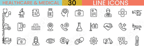Healthcare medical icons set line art for hospitals clinics and health services digital applications vector