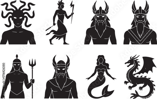 Mythical creatures and gods icons for fantasy stories
