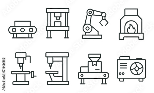Industrial icon set: machines, furnace, conveyor, robotic arm