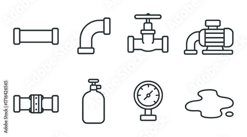 Industrial equipment icons: pipe, valve, pump, gauge, leak on metallic background
