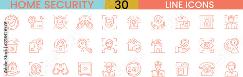 Home security line icons, set of 30 thin stroke vector symbols, residential safety and smart house protection graphics for web and app design