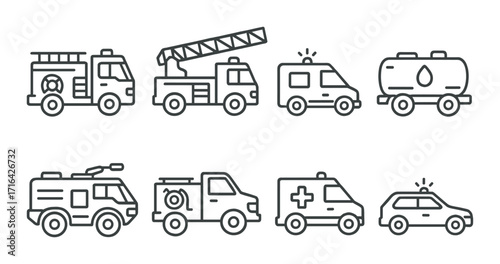 Set of emergency vehicle icons: fire truck, ambulance, police car, tanker