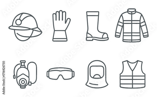 Safety equipment icons featuring helmet, gloves, boots, jacket, respirator, goggles, hood, vest